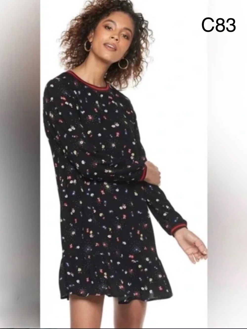 POPSUGAR Black Floral Long Sleeve Shift Dress with Red Trim,Size Medium